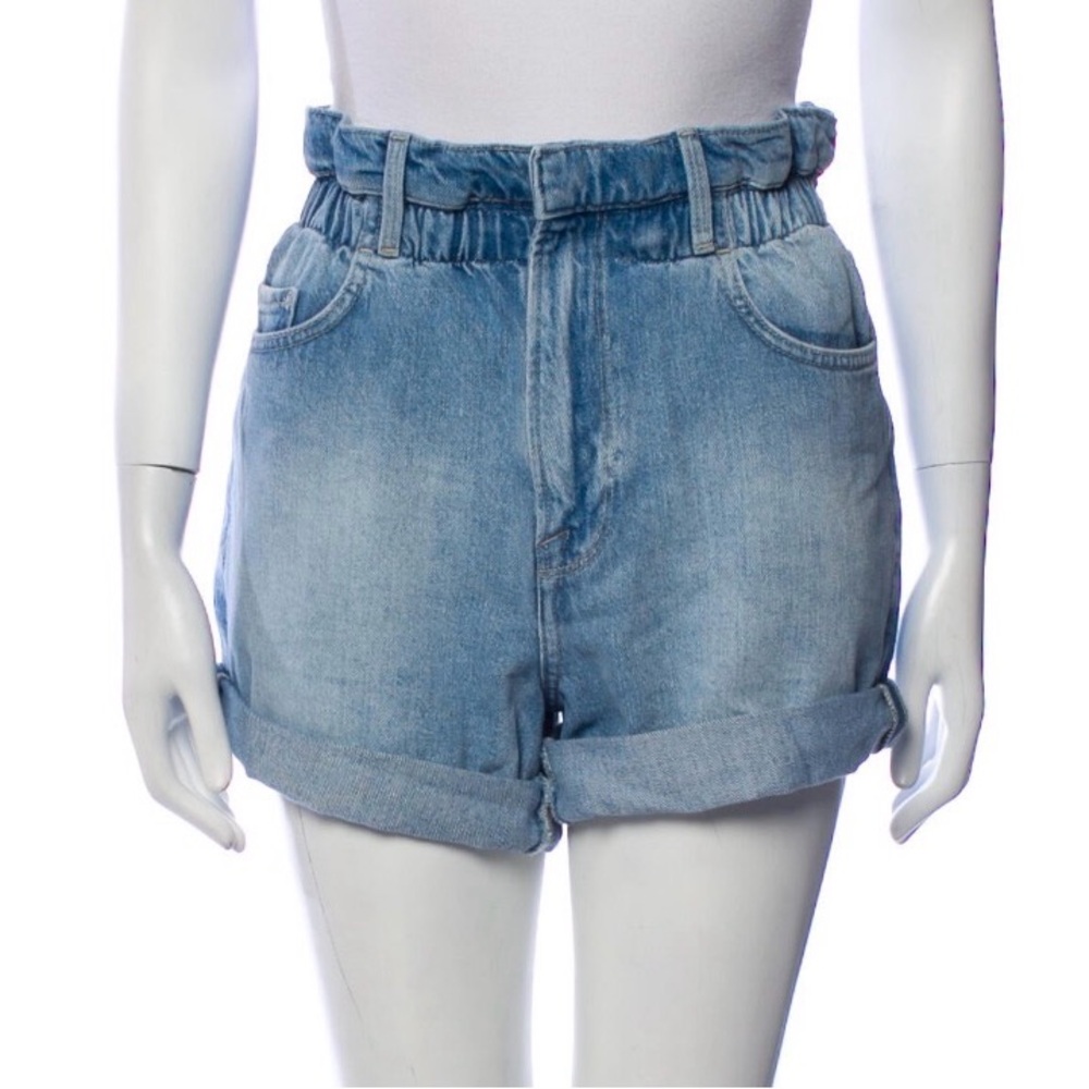 FRAME Elastic Waste High Rise Light Wash Denim Baggy Paperbag Shorts